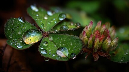 Wall Mural -   A macro shot of a lush green foliage with droplets of rain on it, and a vibrant red blossom in sharp focus in the foreground