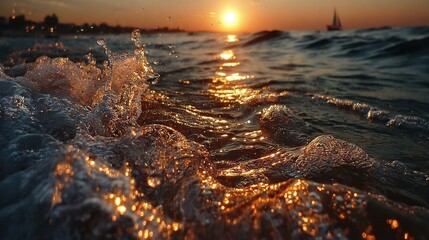 Wall Mural - the sun is setting over a body of water with a sailboat in the distance and the waves in the foregro