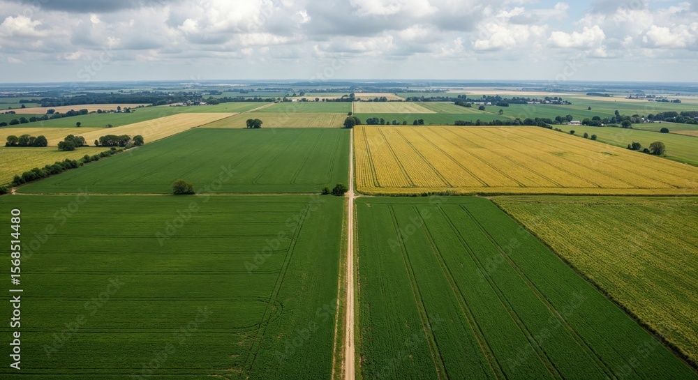 Aerial view of expansive agricultural landscape with vibrant green and yellow fields under a partly cloudy sky showcasing rural farmland and countryside scenery