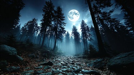 Wall Mural - dark forest under full moon with rocks, trees in foreground