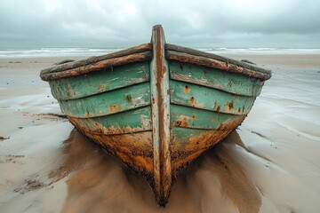  An old, weathered green boat sits grounded on a sandy beach under a cloudy, overcast sky, evoking solitude.