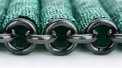 Woven green mesh fabric connected by dark metal rings, close-up view