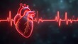 © Viktor - Human heart pulsing with red glowing electrocardiogram lines on dark abstract background. Detailed anatomical illustration emphasizes cardiovascular health, vital signs. Dynamic visual impact with