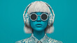 © GreenOptix - Blue-skinned woman with white hair, Chinese porcelain patterned headphones, and dark glasses. Symmetrical composition against solid blue background