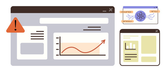 Web dashboard highlighting error icon, rising trend graph, atomic data visualization, and text layout. Ideal for data analysis, technology, progress, science, teamwork research simple flat metaphor