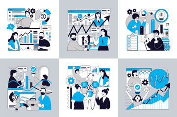 Wall Mural - statistics and analytics concept of social media banners set for web design. people making research 