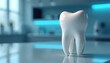 © Viktor - Close-up of healthy tooth model in modern dental clinic setting. Features bright, clean environment with soft blue lighting, emphasizing oral health awareness, dental care education. Focuses on