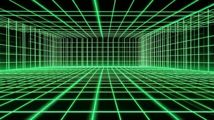 Neon green grid creates a digital, virtual room Futuristic, tech-inspired