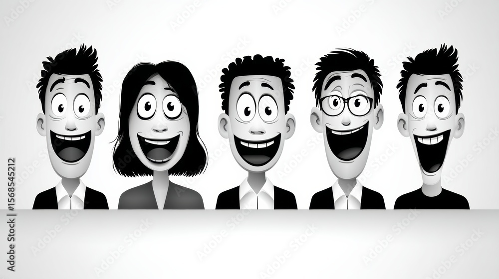 Group of cartoon characters are smiling and laughing. They are all ...