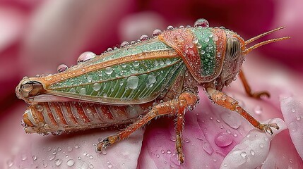 Wall Mural -   A grasshopper on a pink flower with water drops on its wings and head