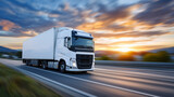 European freight truck speeding down open highway under vast fiery sunset sky, motion and light trails emphasize movement, heavy transport and delivery industry concept