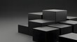© XBRP.studio - Abstract 3D rendering of a tiered arrangement of black cubes, creating a modern geometric display platform.