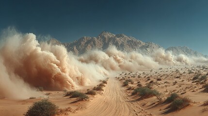 Wall Mural -   A dusty road traverses the desert's expanse, surrounded by towering mountains