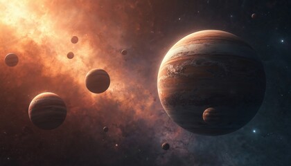 Wall Mural - Stellar planets float in vibrant nebula clouds. Cosmic gas giants with striped surfaces, distant planets, twinkling stars fill deep space scene. Digital art offers view into vast, mysterious universe.