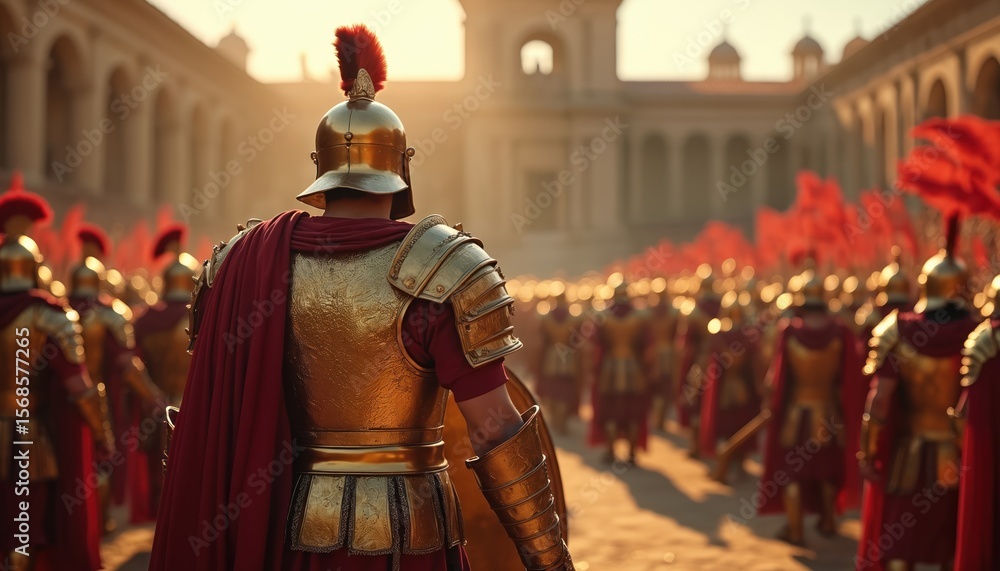 Century Rome Back view of Roman centurion leading army formation with golden armor ...