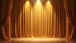 © Viktor - Golden theater drapes on wooden stage, dramatic lighting. Luxurious silk fabric creates elegant scene for performance event. Warm amber spotlight illumination adds sophistication. Classic backdrop