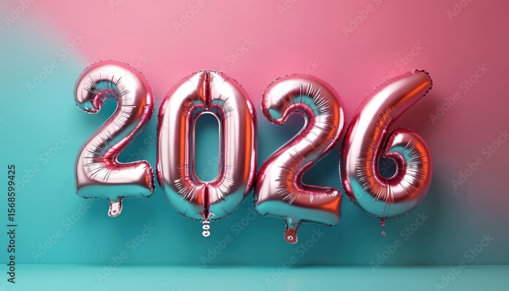 Rose gold metallic balloons spell out 2026 floating against vibrant ...