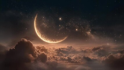 Wall Mural - Golden Crescent Moon Over Cloudscape at Night