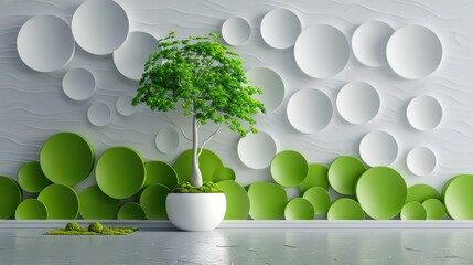 Wall Mural - minimalist 3d wallpaper with overlapping white and green circles and a stylized tree pattern in the 