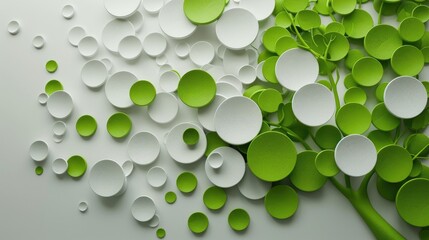 Wall Mural - minimalist 3d wallpaper with overlapping white and green circles and a stylized tree pattern in the 