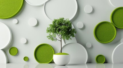 Wall Mural - minimalist 3d wallpaper with overlapping white and green circles and a stylized tree pattern in the 