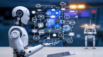 robot interaction with digital interface futuristic laboratory technology visualization modern works