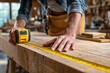 © Multiverse - Craftsman measures wood using a tape measure in a well-lit workshop during daytime