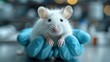 © Ramlan - White mouse held gently in blue-gloved hands, scientific background blurred