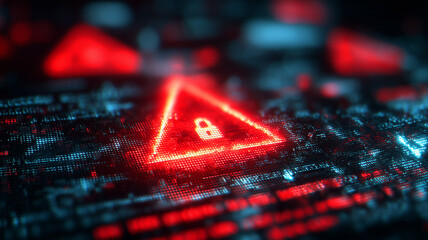 Digital padlock warning triangle over code highlights ransomware breach and urgent cybersecurity threat detection.
