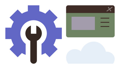 Gear with wrench, web window with inset details, and cloud element. Ideal for technology, development, software, configuration, cloud computing, IT solutions simple flat metaphor
