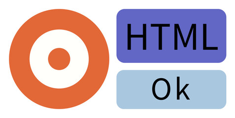Circular target icon beside HTML and Ok buttons in contrasting orange, blue, and light blue. Ideal for web development, coding, user interface, design concepts, technology highlights, success