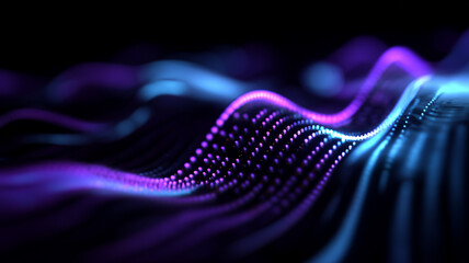 Wall Mural - glowing violet particle strands undulate in a fluid cyber wave, depicting innovative data visualisat