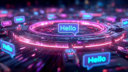 Neon speech bubbles reading Hello erupt from a circular circuit hub, visualising vibrant global communication across digital social networks.
