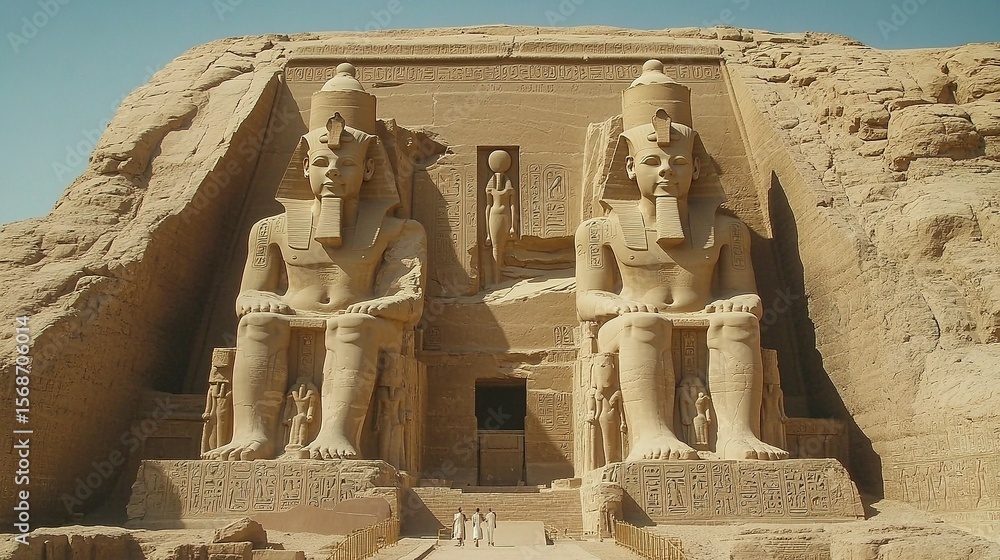 Ancient Egyptian colossal statues at Abu Simbel temple complex. Stock ...
