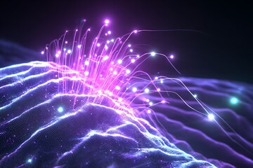 Wall Mural - Abstract digital display of vibrant purple and pink light bursts on a textured surface.