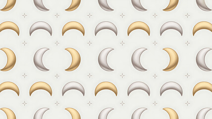 Wall Mural - Repeating pattern of gold and silver crescent moons with small star accents evenly spaced