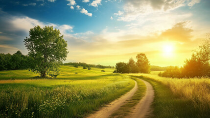 Wall Mural - green field and blue sky. field and clouds