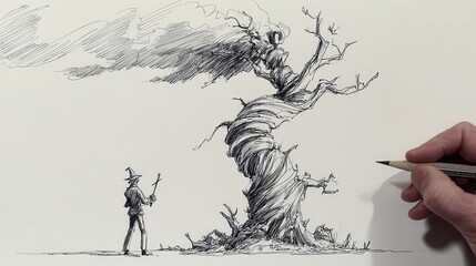  Detailed pen and ink drawing of a twisted tree and a figure.