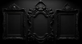 Three ornate black picture frames on a dark wall with decorative baroque style elements