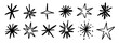 © vika_k - Black crayon hand drawn stars set. Cute childish doodled sparks and sparkles collection. Grunge rough brush stroke shine element pack for collage, poster, sticker. Pencil sketched symbols. Vector