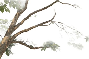 Tree branch with leaves presented on a white canvas in spring