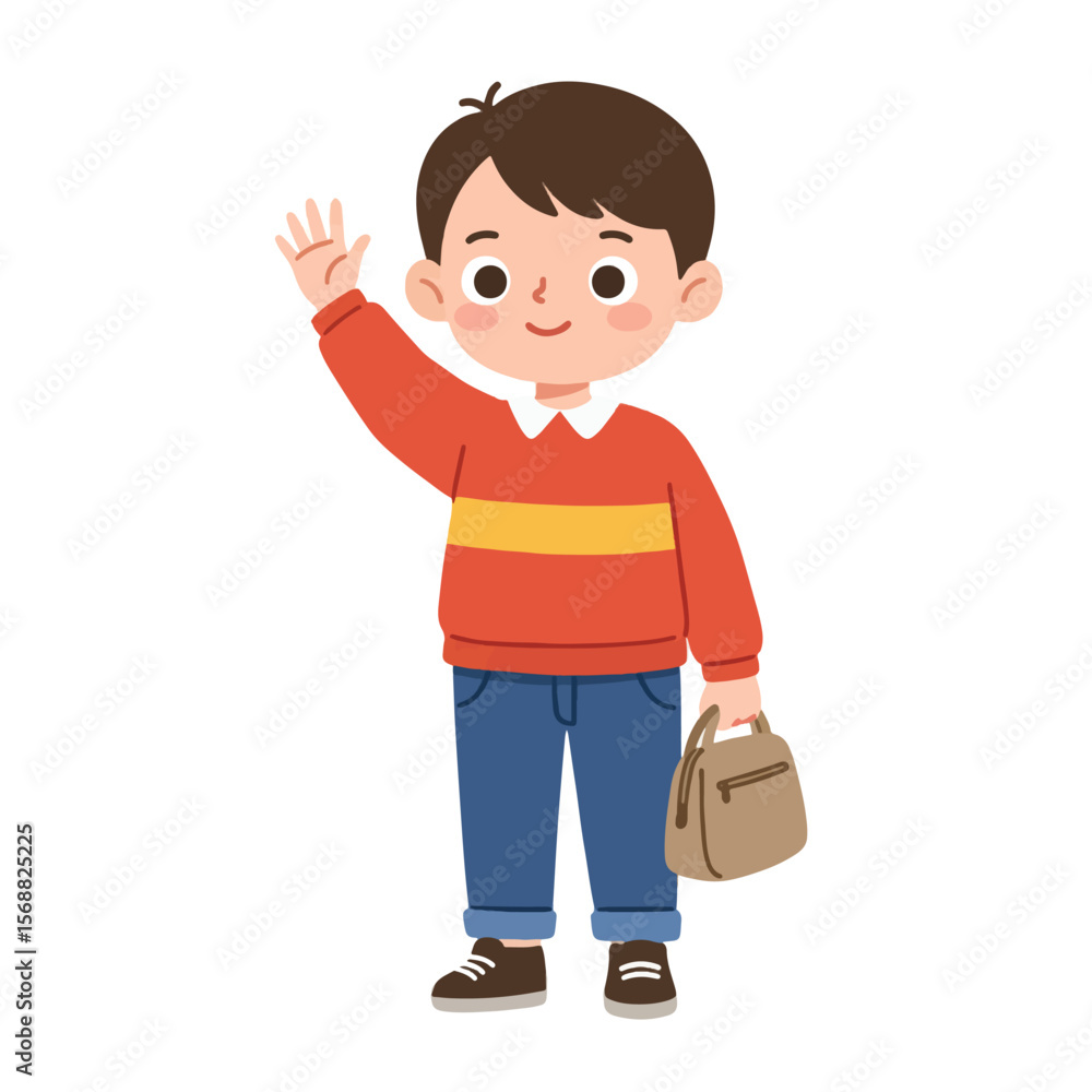 Cartoon boy in school uniform, waving and carrying a bag, cheerful ...