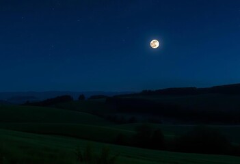 Wall Mural - Serene countryside at night, full moon, starry sky, rolling hills, trees, dark silhouettes,  galaxy,  artwork