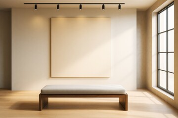 Wall Mural - minimalist interior with blank canvas on wall and bench in front, under track lighting in modern roo