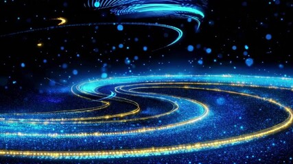 Wall Mural - Seamless looping spiral motion of blue and gold glowing particle rings  
