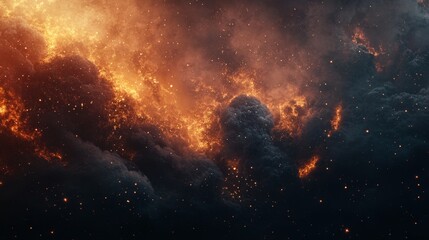 Wall Mural - Abstract cosmic nebula with fiery orange and black clouds and sparkling particles.