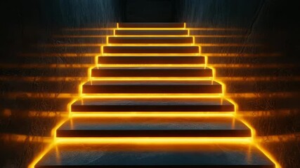 Wall Mural - glowing illuminated stairs with bright orange light outlining each step dark environment creating fu