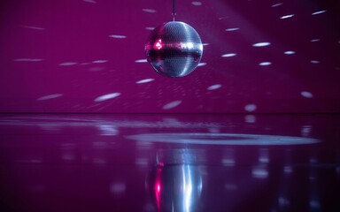 scene, disco ball casting light patterns on a purple dance floor, creating a vibrant atmosphere