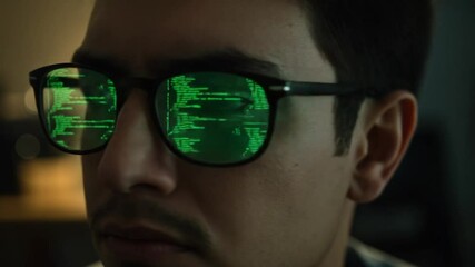 Person wearing glasses reflecting green code on screen