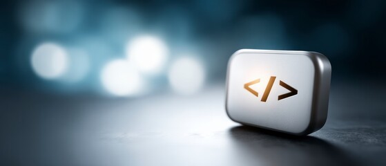 A metallic button with a code symbol illuminated by soft light on a dark bokeh background